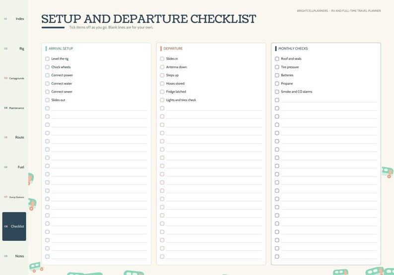 May include: A digital planner page titled SETUP AND DEPARTURE CHECKLIST with three columns for Arrival Setup, Departure, and Monthly Checks. Each column features checkboxes and blank lines for tasks. The left sidebar lists categories including Index, Rig, Campgrounds, Maintenance, Route, Fuel, Dump Station, Checklist, and Notes.
