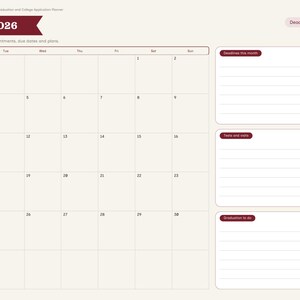 May include: A digital planner page for August 2026 featuring a monthly calendar grid, a section for deadlines, tests, visits, and graduation tasks. The layout includes a sidebar with monthly tabs and a header labeled August 2026.