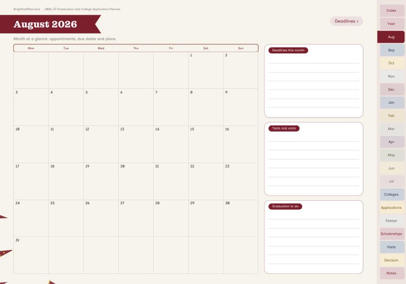 May include: A digital planner page for August 2026 featuring a monthly calendar grid, a section for deadlines, tests, visits, and graduation tasks. The layout includes a sidebar with monthly tabs and a header labeled August 2026.