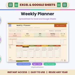 May include: A digital weekly planner spreadsheet for Excel and Google Sheets featuring a beige interface with orange, green, and purple accents. It includes sections for top priorities, daily tasks, and habit tracking with auto formulas.