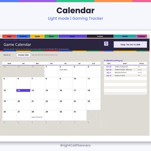 May include: A digital gaming calendar planner in light mode featuring a monthly grid for October 2026. The interface includes navigation tabs, a release date tracker for games like Hades II and Metroid Prime 4, and a current date display.