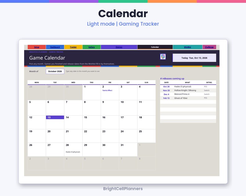 May include: A digital gaming calendar planner in light mode featuring a monthly grid for October 2026. The interface includes navigation tabs, a release date tracker for games like Hades II and Metroid Prime 4, and a current date display.
