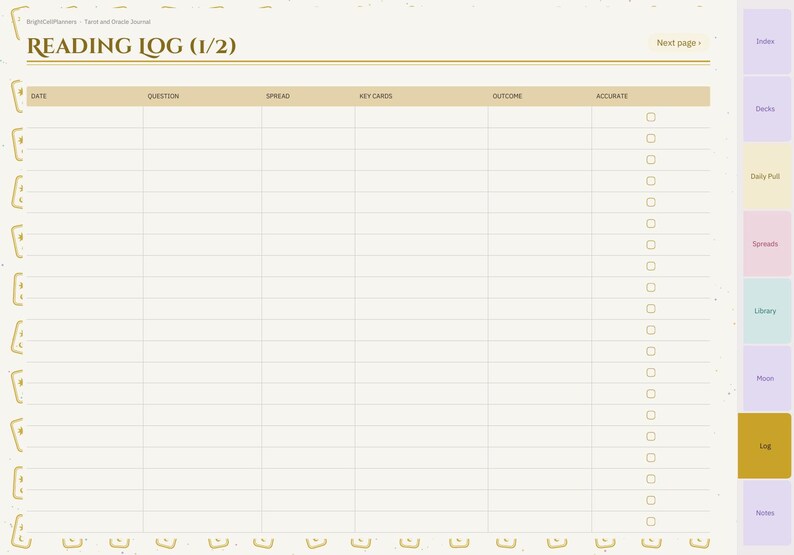 May include: A digital reading log template with a beige background and brown text. The header reads READING LOG (1/2). Columns include Date, Question, Spread, Key Cards, Outcome, and Accurate with checkboxes. A vertical navigation tab menu is on the right.