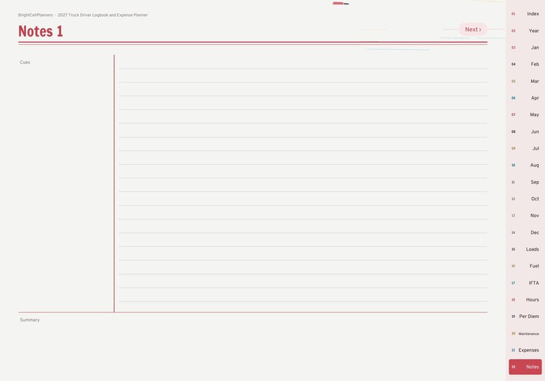 May include: A digital planner page titled Notes 1 with a red header and horizontal lines. The right sidebar features navigation tabs for months and categories including Loads, Fuel, IFTA, Hours, Per Diem, Maintenance, and Expenses.