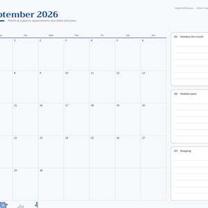 May include: A digital planner page for September 2026 featuring a monthly calendar grid, a sidebar with navigation tabs, and three lined sections labeled Holidays this month, Shabbat plans, and Shopping, all in a blue and white color scheme.