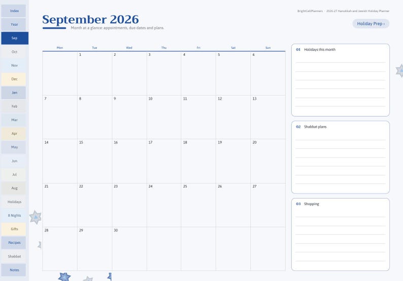 May include: A digital planner page for September 2026 featuring a monthly calendar grid, a sidebar with navigation tabs, and three lined sections labeled Holidays this month, Shabbat plans, and Shopping, all in a blue and white color scheme.
