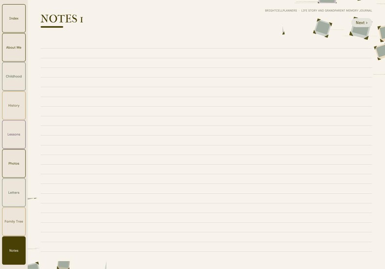 May include: A digital journal page titled NOTES 1 with horizontal lines for writing. The left sidebar features navigation tabs labeled Index, About Me, Childhood, History, Lessons, Photos, Letters, Family Tree, and Notes. The top right displays text.