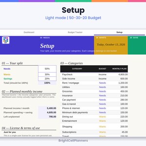 Puede incluir: Una hoja de c&aacute;lculo de seguimiento presupuestario digital titulada Setup con un dise&ntilde;o de presupuesto 50-30-20. La interfaz muestra secciones para Your split, Planned monthly income, Categories y License & terms of use, con columnas para ingresos, necesidades, deseos y ahorros.