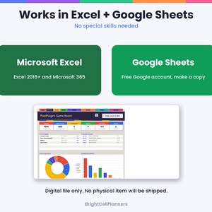 May include: A digital spreadsheet template for tracking games, featuring the text Works in Excel + Google Sheets, Microsoft Excel, and Google Sheets. The interface displays a dashboard titled PixelPaige's Game Room with data charts, a pie graph, and a bar graph.