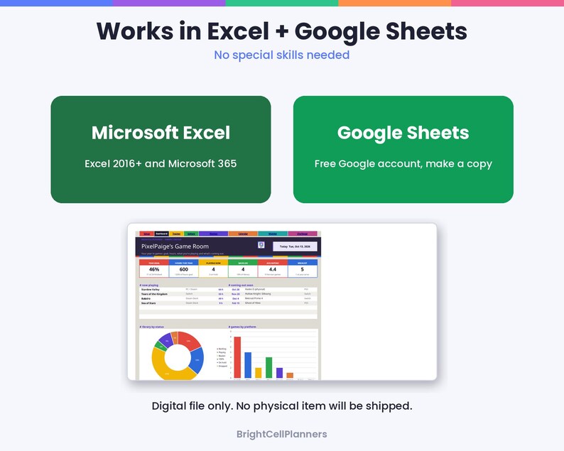 May include: A digital spreadsheet template for tracking games, featuring the text Works in Excel + Google Sheets, Microsoft Excel, and Google Sheets. The interface displays a dashboard titled PixelPaige's Game Room with data charts, a pie graph, and a bar graph.