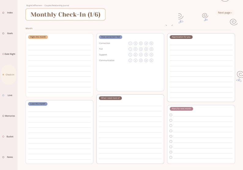 May include: A digital monthly check-in journal page with a light background. The header reads Monthly Check-In (1/6). Sections include Highs this month, How connected I feel with a rating scale, Appreciation for you, Lows this month, What I need more of, and Plans for next month with checkboxes.
