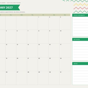 May include: A digital January 2027 monthly calendar planner page with a green header, a grid for dates 1 through 31, and side sections for Focus This Month, Key Dates, and Notes. The layout includes a navigation sidebar and chevron patterns.