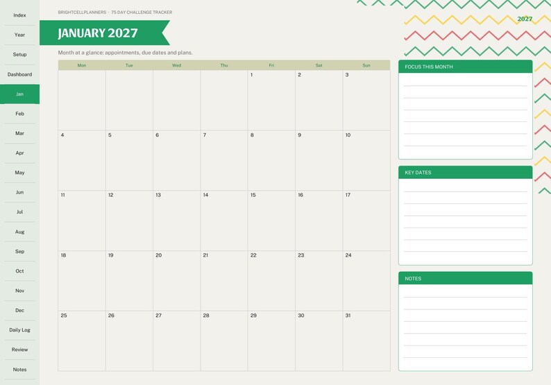 May include: A digital January 2027 monthly calendar planner page with a green header, a grid for dates 1 through 31, and side sections for Focus This Month, Key Dates, and Notes. The layout includes a navigation sidebar and chevron patterns.