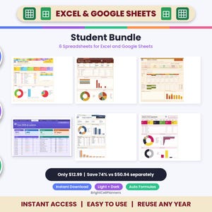 Student Spreadsheet Bundle, 6 Templates for Excel & Google Sheets - Assignment Tracker and Weekly Planner image 1