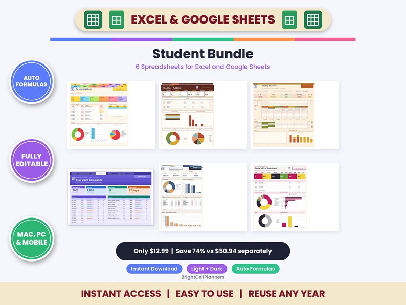 Student Spreadsheet Bundle, 6 Templates for Excel & Google Sheets - Assignment Tracker and Weekly Planner image 1