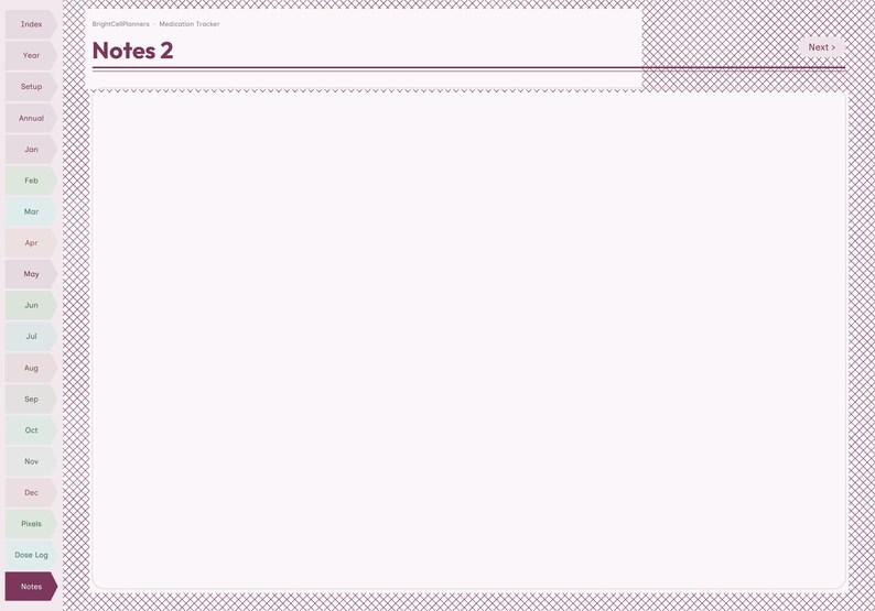 May include: A digital planner page titled Notes 2 with a white background and a purple cross-hatched border. The left side features a vertical navigation bar with tabs labeled Index, Year, Setup, Annual, and months from Jan to Dec, plus Pixels, Dose Log, and Notes.
