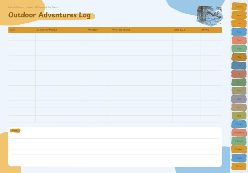 May include: A digital planner page titled Outdoor Adventures Log with a table featuring columns for date, location, weather, findings, participants, and rating. The layout includes a notes section and a vertical sidebar with colored tabs.
