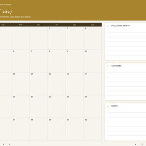 May include: A digital wedding planner page for January 2027 with a gold header, a monthly calendar grid, and three sections labeled Focus This Month, Key Dates, and Notes. A vertical navigation sidebar lists tabs including Index, Year, Setup, and Budget.