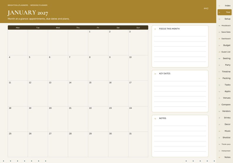 May include: A digital wedding planner page for January 2027 with a gold header, a monthly calendar grid, and three sections labeled Focus This Month, Key Dates, and Notes. A vertical navigation sidebar lists tabs including Index, Year, Setup, and Budget.