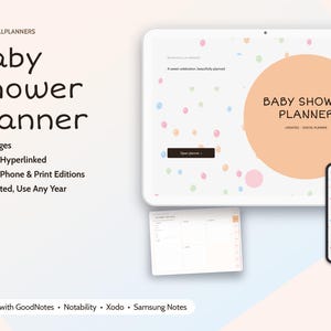 May include: A digital Baby Shower Planner featuring 15 pages, fully hyperlinked for iPad, phone, and print. The interface displays a confetti pattern, a large peach circle, and the text Baby Shower Planner. Compatible with GoodNotes, Notability, Xodo, and Samsung Notes.