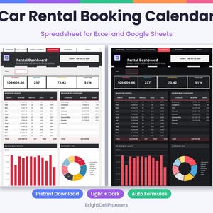 May include: A Car Rental Booking Calendar spreadsheet for Excel and Google Sheets featuring two dashboard views in light and dark modes. The interface displays rental metrics, revenue tables, bar charts, and pie charts for fleet analysis.