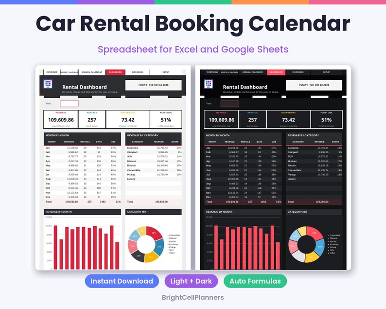 May include: A Car Rental Booking Calendar spreadsheet for Excel and Google Sheets featuring two dashboard views in light and dark modes. The interface displays rental metrics, revenue tables, bar charts, and pie charts for fleet analysis.