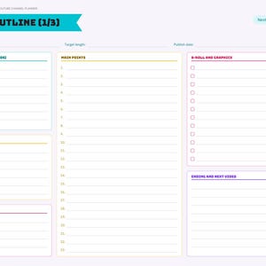 Op de afbeelding: Een digitale scriptplanner-pagina getiteld SCRIPT OUTLINE (1/3) met secties voor Hook, Intro and Promise, Call to Action, Main Points, B-Roll and Graphics, en Ending and Next Video, voorzien van een zijdelings navigatiemenu.