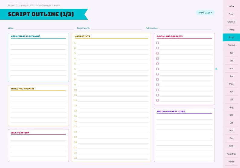 Op de afbeelding: Een digitale scriptplanner-pagina getiteld SCRIPT OUTLINE (1/3) met secties voor Hook, Intro and Promise, Call to Action, Main Points, B-Roll and Graphics, en Ending and Next Video, voorzien van een zijdelings navigatiemenu.