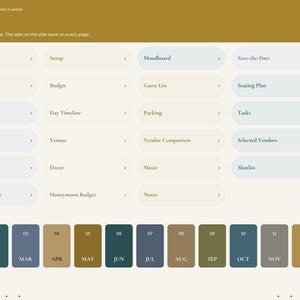 May include: A digital wedding planner index page with a gold header labeled INDEX. It features a grid of rounded rectangular buttons for planning categories like Year at a glance, Budget, and Guest List, plus a row of twelve monthly buttons.