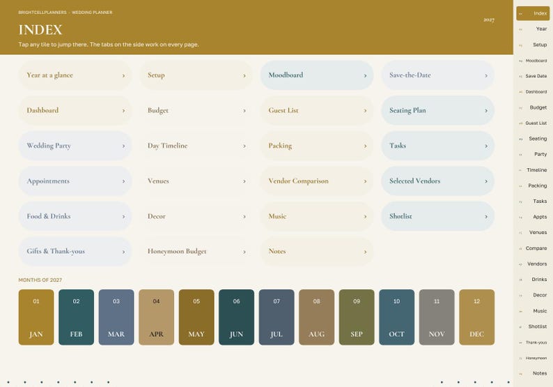 May include: A digital wedding planner index page with a gold header labeled INDEX. It features a grid of rounded rectangular buttons for planning categories like Year at a glance, Budget, and Guest List, plus a row of twelve monthly buttons.