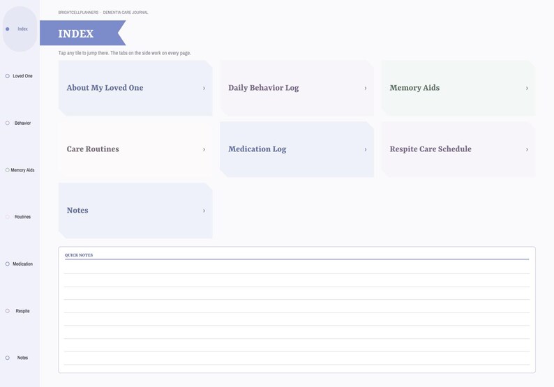 May include: A digital dementia care journal index page featuring a navigation sidebar and clickable tiles labeled About My Loved One, Daily Behavior Log, Memory Aids, Care Routines, Medication Log, Respite Care Schedule, and Notes with a lined section.