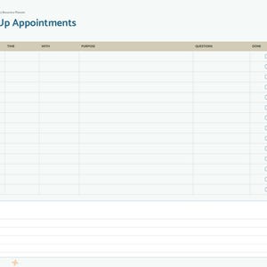 May include: A digital surgery recovery planner page titled Follow-Up Appointments with columns for date, time, provider, purpose, questions, and checkboxes for completion. A large notes section is at the bottom with horizontal lines.