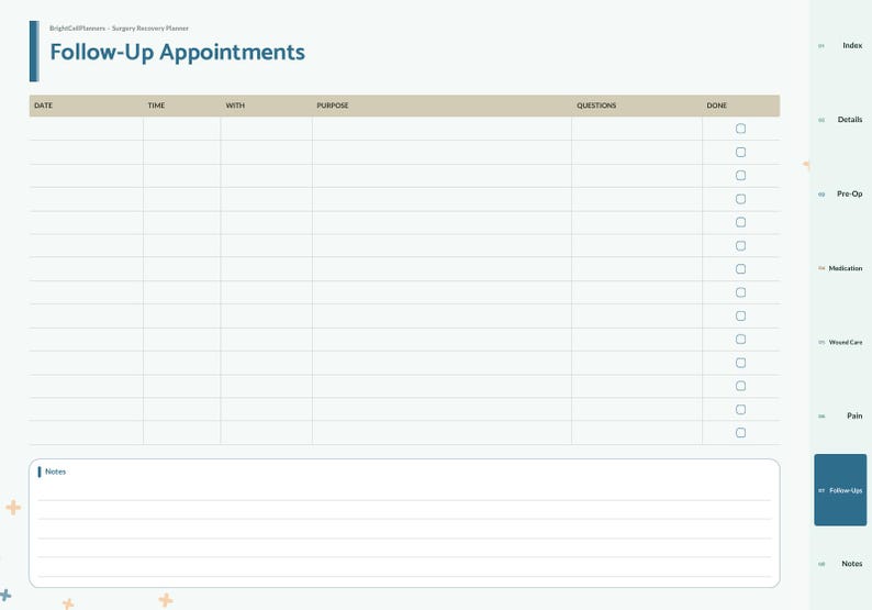 May include: A digital surgery recovery planner page titled Follow-Up Appointments with columns for date, time, provider, purpose, questions, and checkboxes for completion. A large notes section is at the bottom with horizontal lines.