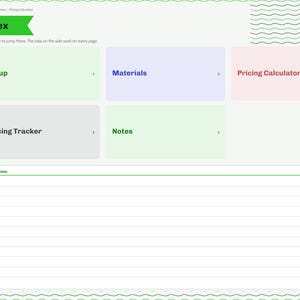 May include: A digital planner index page featuring a green header labeled Index, with navigation tabs for Setup, Materials, Pricing Calculator, Pricing Tracker, and Notes. The layout includes a large section for Quick notes with lined paper.