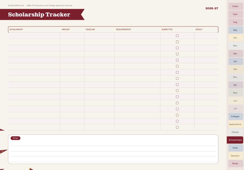 May include: A digital scholarship tracker planner page with a maroon header labeled Scholarship Tracker and 2026-27 in the corner. The layout includes columns for scholarship, amount, deadline, requirements, submitted, and result, plus a notes section.