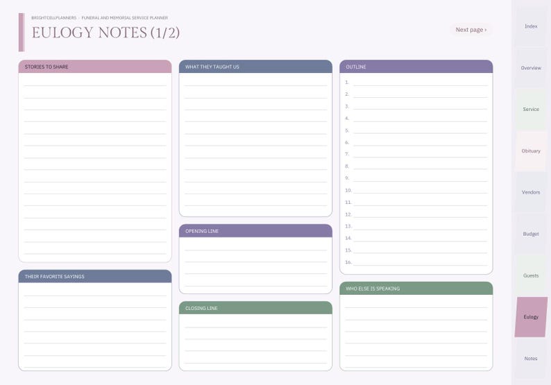 Puede incluir: Una p&aacute;gina de planificador digital para funerales y servicios conmemorativos titulada Eulogy Notes (1/2) con secciones para historias, lecciones aprendidas, esquema, frases favoritas, l&iacute;nea de apertura, l&iacute;nea de cierre y otros oradores.