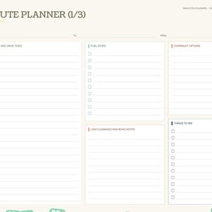 May include: A digital route planner page titled ROUTE PLANNER (1/3) with sections for stops and drive times, fuel stops, overnight options, low clearance and road notes, and things to see. The layout includes a sidebar with navigation tabs.