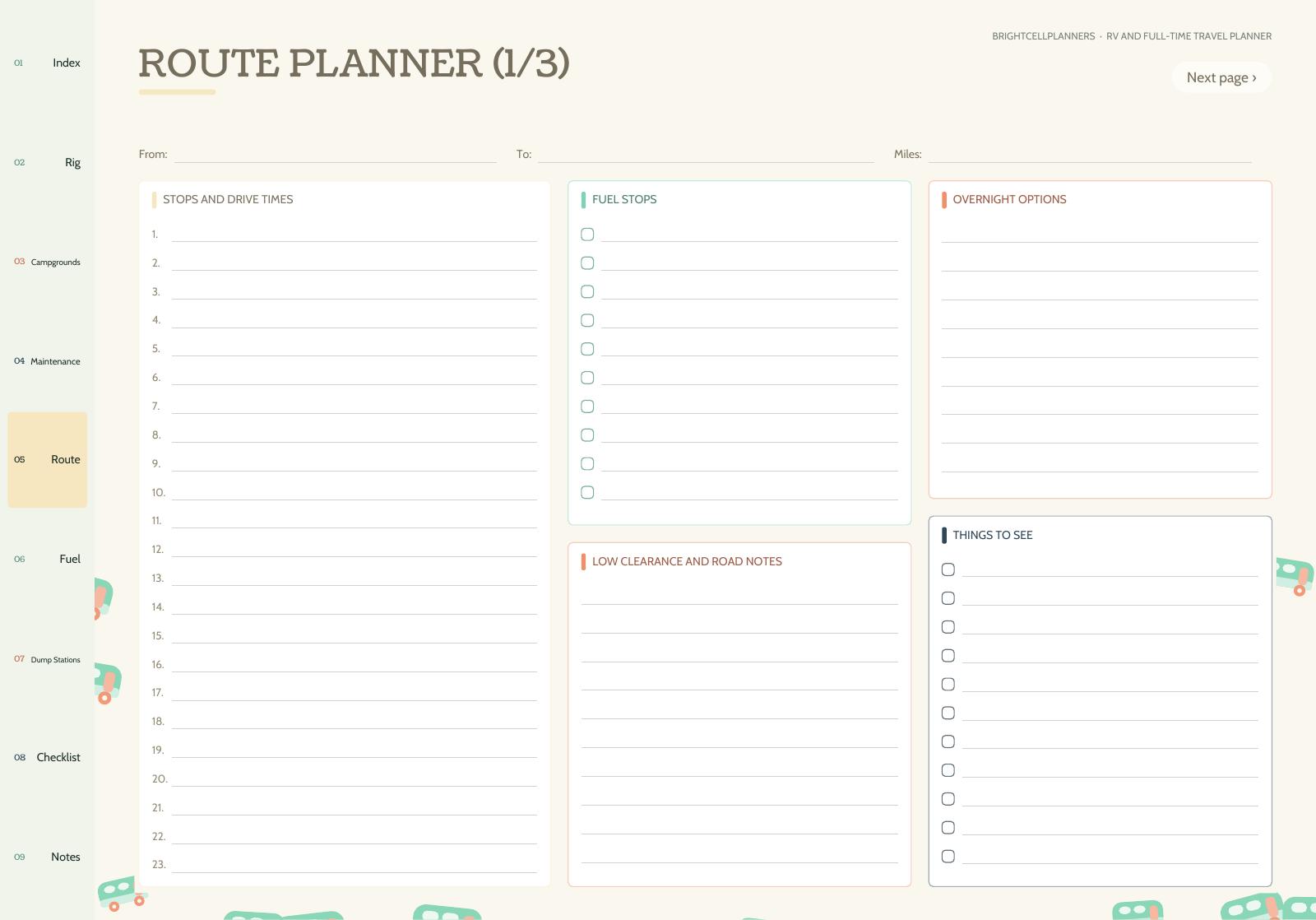 May include: A digital route planner page titled ROUTE PLANNER (1/3) with sections for stops and drive times, fuel stops, overnight options, low clearance and road notes, and things to see. The layout includes a sidebar with navigation tabs.