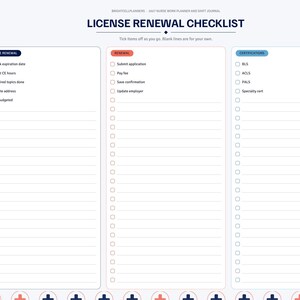 May include: A digital planner page titled LICENSE RENEWAL CHECKLIST with three columns for Before Renewal, Renewal, and Certifications. The layout includes checkboxes, lined spaces, and a sidebar with monthly tabs and a medical cross pattern.