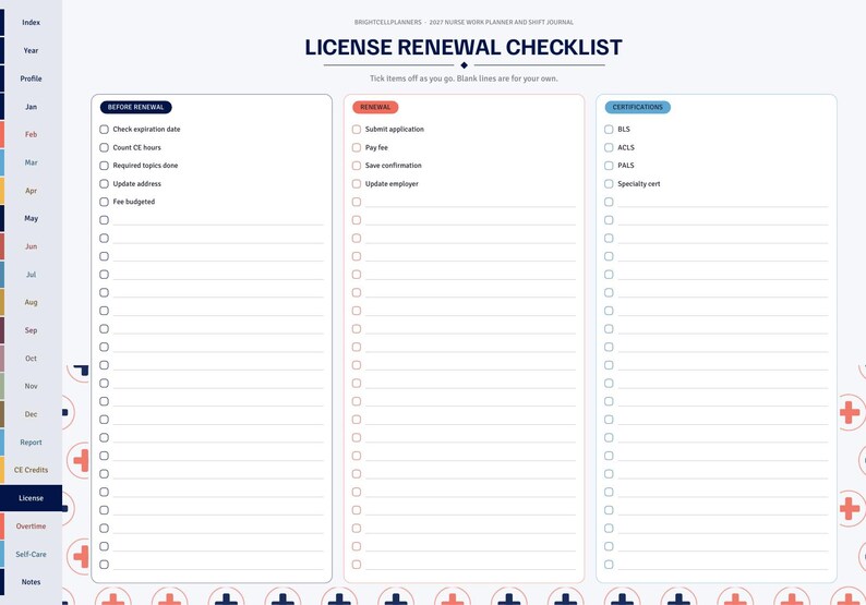 May include: A digital planner page titled LICENSE RENEWAL CHECKLIST with three columns for Before Renewal, Renewal, and Certifications. The layout includes checkboxes, lined spaces, and a sidebar with monthly tabs and a medical cross pattern.