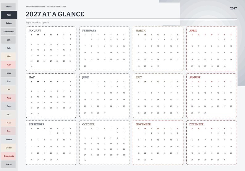 Peut inclure: Une page de calendrier num&eacute;rique 2027 intitul&eacute;e 2027 AT A GLANCE. Elle pr&eacute;sente douze grilles mensuelles avec les jours de la semaine, un menu de navigation lat&eacute;ral avec des onglets pour Index, Year, Setup, Dashboard et les mois.