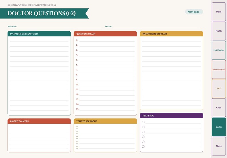 May include: A digital planner page titled DOCTOR QUESTIONS (1/2) with sections for symptoms, questions, doctor notes, concerns, tests, and next steps. The layout features colored headers and a side navigation bar with tabs for index, profile, and health topics.