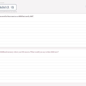 May include: A digital journal page titled Inner Child (1/4) with two numbered prompts. The first asks what you needed to hear as a child, and the second asks to describe a childhood memory where you felt unseen. Includes a side navigation menu.