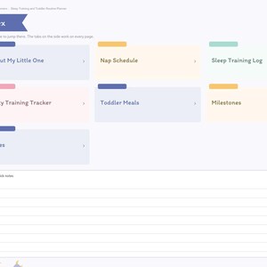 May include: A digital planner index page titled Index with navigation tabs on the left and interactive tiles labeled About My Little One, Nap Schedule, Sleep Training Log, Potty Training Tracker, Toddler Meals, Milestones, and Notes.