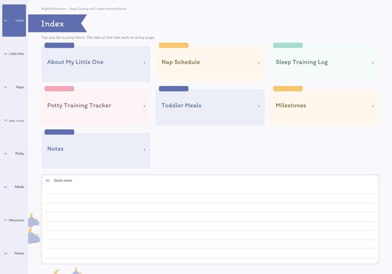 May include: A digital planner index page titled Index with navigation tabs on the left and interactive tiles labeled About My Little One, Nap Schedule, Sleep Training Log, Potty Training Tracker, Toddler Meals, Milestones, and Notes.