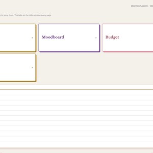 May include: A digital planner index page with a light beige background featuring rectangular navigation tiles labeled Setup, Moodboard, Budget, and Notes. A large lined section titled Quick Notes sits below, with vertical navigation tabs on the right side.