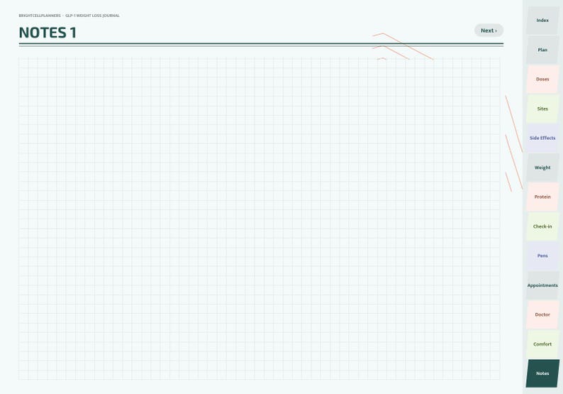 K&ouml;nnte beinhalten: Eine digitale Journal-Seite mit der &Uuml;berschrift NOTES 1 und einem karierten Hintergrund. Oben links steht BRIGHTCELLPLANNERS GLP-1 WEIGHT LOSS JOURNAL. Eine Navigationsleiste rechts listet Index, Plan, Doses, Sites, Side Effects, Weight, Protein, Check-in, Pens, Appointments, Doctor, Comfort und Notes auf.