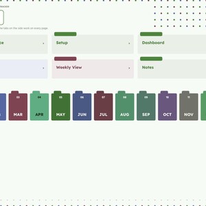 May include: A digital planner index page for 2027 featuring a light green background with a grid of colored tabs. The layout includes sections for Year at a glance, Setup, Dashboard, Daily Routine, Weekly View, Notes, and monthly tabs from Jan to Dec.
