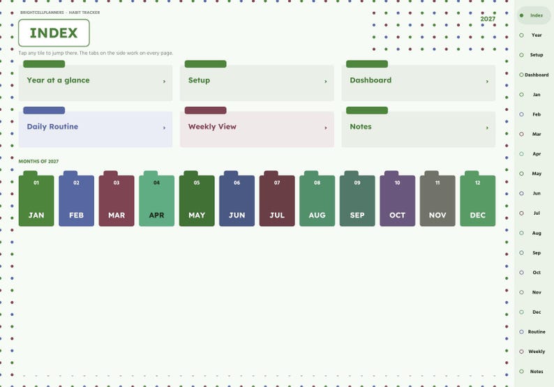 May include: A digital planner index page for 2027 featuring a light green background with a grid of colored tabs. The layout includes sections for Year at a glance, Setup, Dashboard, Daily Routine, Weekly View, Notes, and monthly tabs from Jan to Dec.