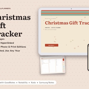 Puede incluir: Un planificador digital de seguimiento de regalos de Navidad mostrado en una pantalla de tableta y tel&eacute;fono inteligente. La interfaz presenta un fondo crema con texto rojo, un encabezado de rayas multicolores e iconos de estrellas. Incluye 15 p&aacute;ginas, hiperv&iacute;nculos y compatibilidad con GoodNotes, Notability, Xodo y Samsung Notes.